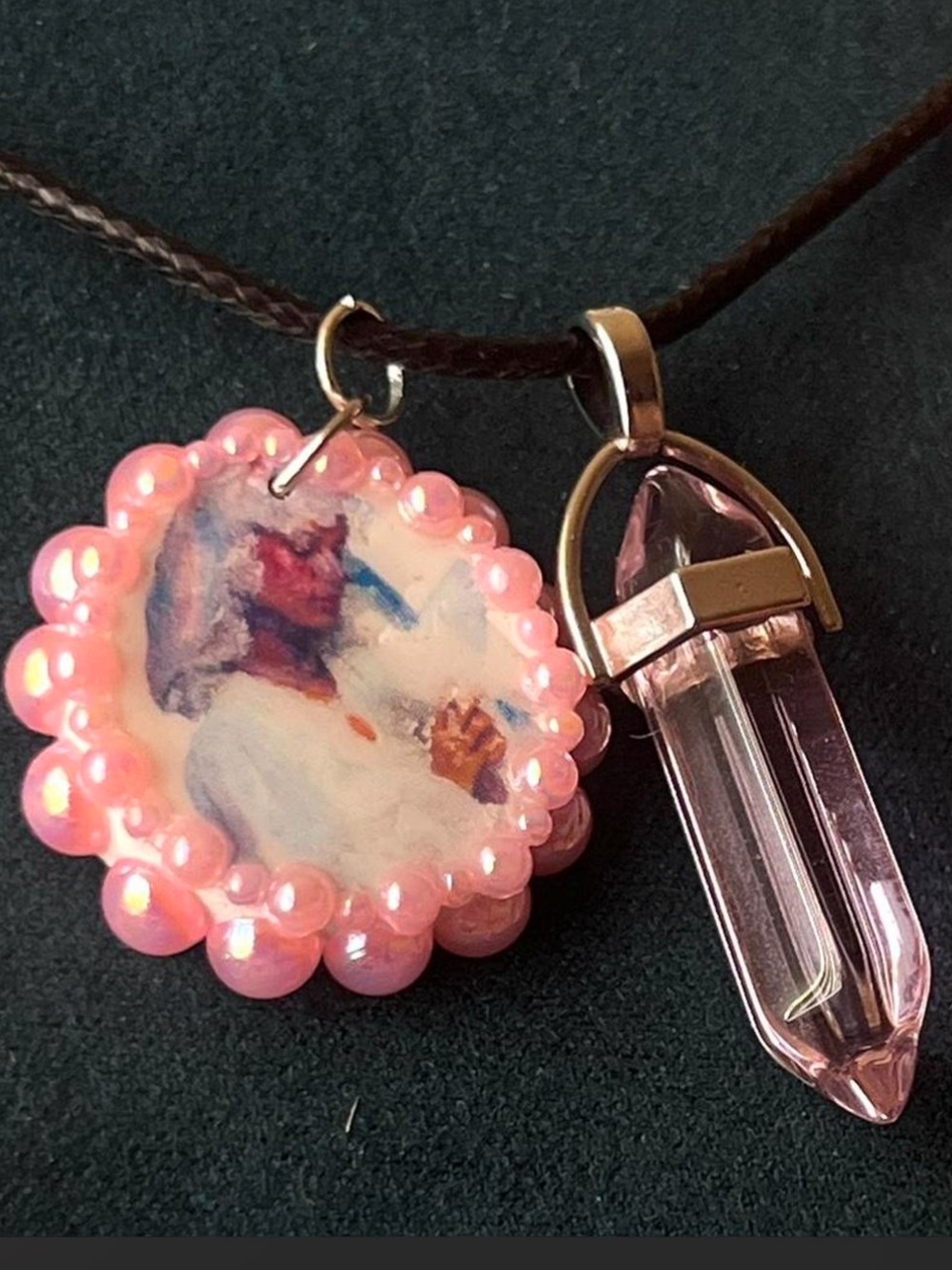Pink Beaded Portrait Pendant Necklace with Pink Crystal Point